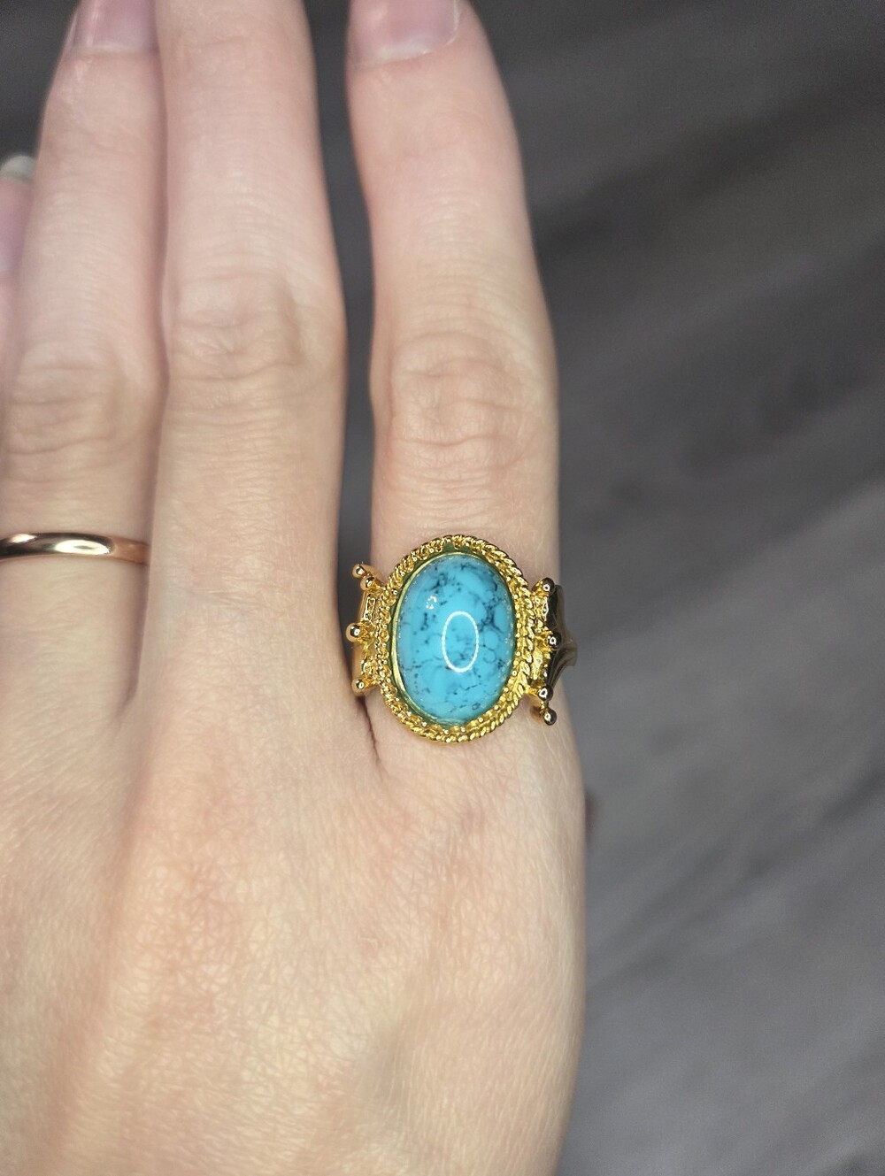 Vintage Mid Century Plated Gold KH Birdseye Turquoise Ring Size 6 Ornate Water